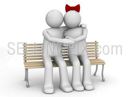 Man and woman in love on a bench (love, valentine day series; 3d isolated characters)