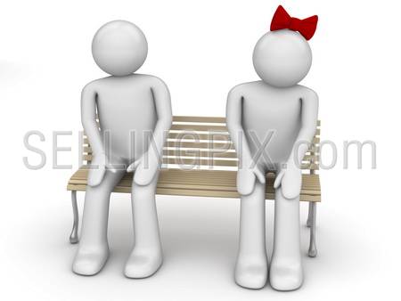 Shy man and woman on a bench (love, valentine day series; 3d isolated characters)