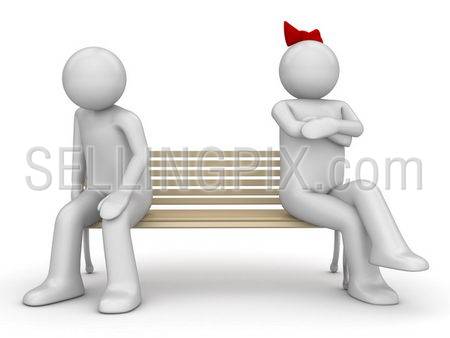 Offended man and woman on a bench (love, valentine day series; 3d isolated characters)