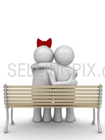 Embracing couple on a bench (love, valentine day series; 3d isolated characters)