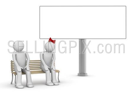 Shy couple on a bench with copyspace (love, valentine day series; 3d isolated characters)