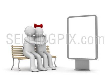 Embracing couple on a bench with copyspace (love, valentine day series; 3d isolated characters)