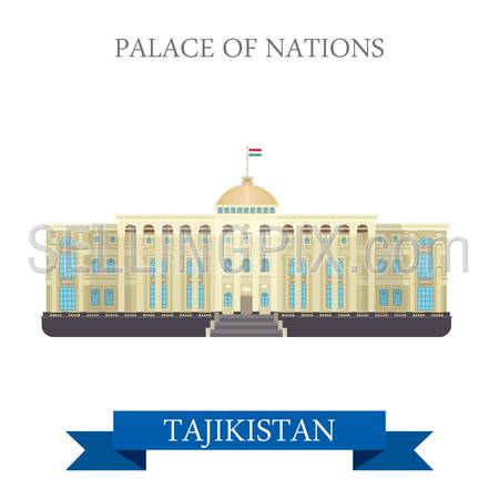 Palace of Nations in Dushanbe Tajikistan. Flat cartoon style historic sight showplace attraction web site vector illustration. World countries cities vacation travel sightseeing Asia collection.