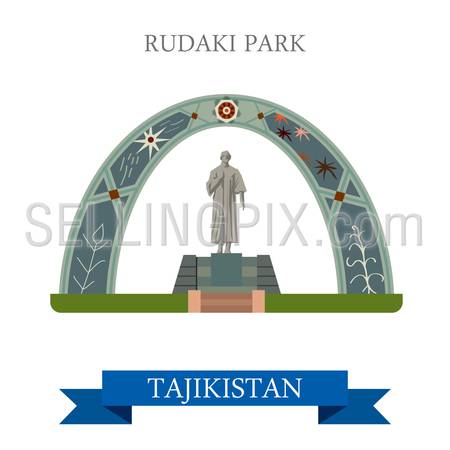 Rudaki Poet Park in Dushanbe Tajikistan. Flat cartoon style historic sight showplace attraction web site vector illustration. World countries cities vacation travel sightseeing Asia collection.