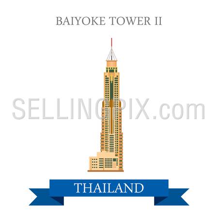 Baiyoke Tower II in Bangkok Thailand. Flat cartoon style historic sight showplace attraction web site vector illustration. World countries cities vacation travel sightseeing Asia collection.