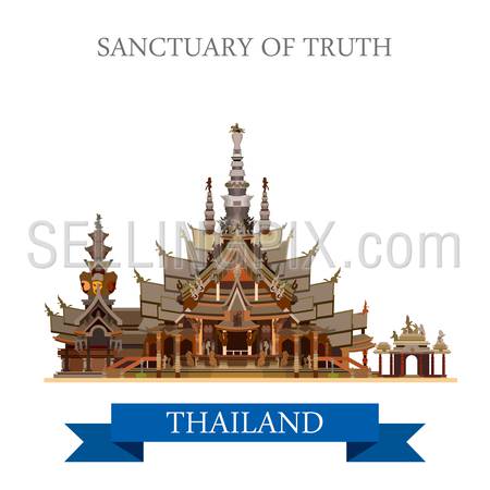 Sanctuary of Truth in Thailand. Flat cartoon style historic sight showplace attraction web site vector illustration. World countries cities vacation travel sightseeing Asia collection.