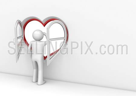 Heart window observer 2 (love, valentine day series; 3d isolated characters)