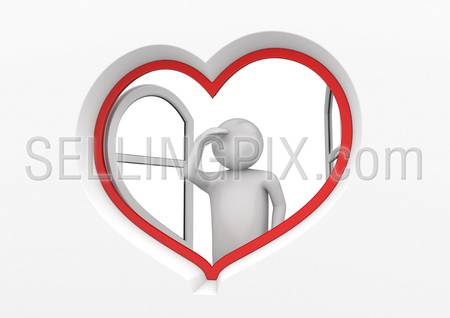 Heart window observer 3 (love, valentine day series; 3d isolated characters)