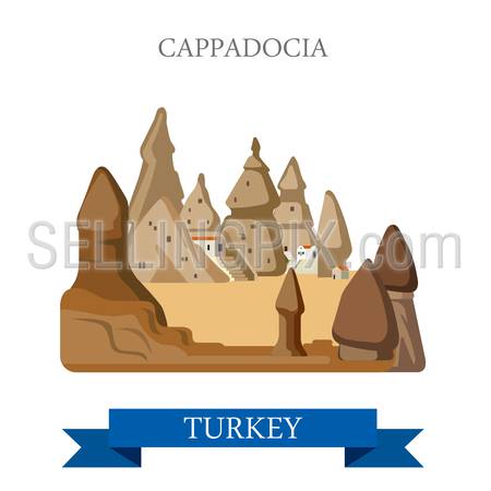 Cappadocia in Turkey. Flat cartoon style historic sight showplace attraction web site vector illustration. World countries cities vacation travel sightseeing Asia collection.