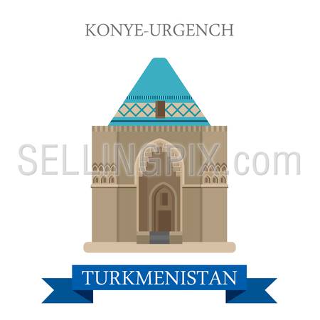 Konye-Urgench in Turkmenistan. Flat cartoon style historic sight showplace attraction web site vector illustration. World countries cities vacation travel sightseeing Asia collection.
