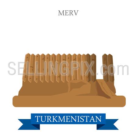 Merv in Turkmenistan. Flat cartoon style historic sight showplace attraction web site vector illustration. World countries cities vacation travel sightseeing Asia collection.