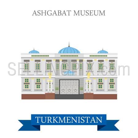 Ashgabat Museum in Turkmenistan. Flat cartoon style historic sight showplace attraction web site vector illustration. World countries cities vacation travel sightseeing Asia collection.