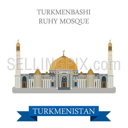 Turkmenbashi Ruhy Mosque in Ashgabat Turkmenistan. Flat cartoon style historic sight showplace attraction web site vector illustration. World countries cities vacation travel sightseeing Asia collection.