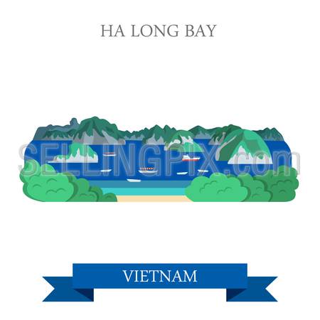 Ha Long Bay in Vietnam. Flat cartoon style historic sight showplace attraction web site vector illustration. World countries cities vacation travel sightseeing Asia collection.