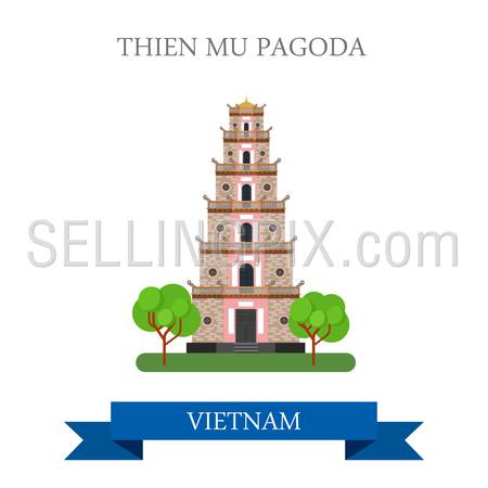 Thien Mu Pagoda in Vietnam. Flat cartoon style historic sight showplace attraction web site vector illustration. World countries cities vacation travel sightseeing Asia collection.