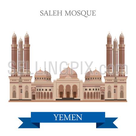 Saleh Mosque in Yemen. Flat cartoon style historic sight showplace attraction web site vector illustration. World countries cities vacation travel sightseeing Asia collection.