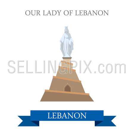 Our Lady of Lebanon Statue Monument. Flat cartoon style historic sight showplace attraction web site vector illustration. World countries cities vacation travel sightseeing Asia collection.
