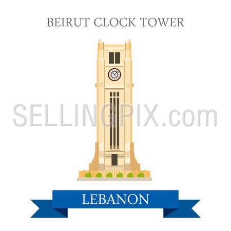 Beirut Clock Tower in Lebanon. Flat cartoon style historic sight showplace attraction web site vector illustration. World countries cities vacation travel sightseeing Asia collection.