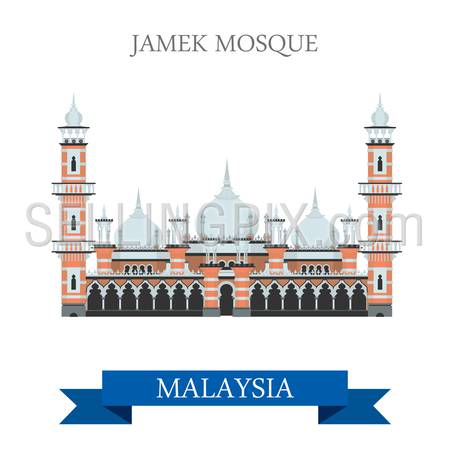 Jamek Mosque in Kuala Lumpur Malaysia. Flat cartoon style historic sight showplace attraction web site vector illustration. World countries cities vacation travel sightseeing Asia collection.