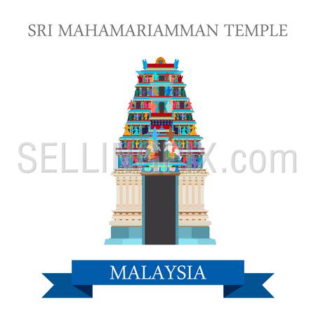 Sri Mahamariamman Hindu Temple in Malaysia. Flat cartoon style historic sight showplace attraction web site vector illustration. World countries cities vacation travel sightseeing Asia collection.