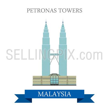 Petronas Twin Towers in Kuala Lumpur Malaysia. Flat cartoon style historic sight showplace attraction web site vector illustration. World countries cities vacation travel sightseeing Asia collection.