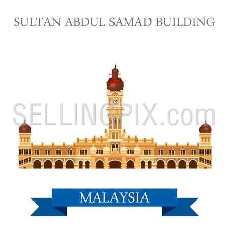 Sultan Abdul Samad Building in Malaysia. Flat cartoon style historic sight showplace attraction web site vector illustration. World countries cities vacation travel sightseeing Asia collection.