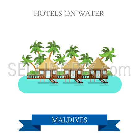 Hotels on Water in Maldives. Flat cartoon style historic sight showplace attraction web site vector illustration. World countries cities vacation travel sightseeing Asia collection.