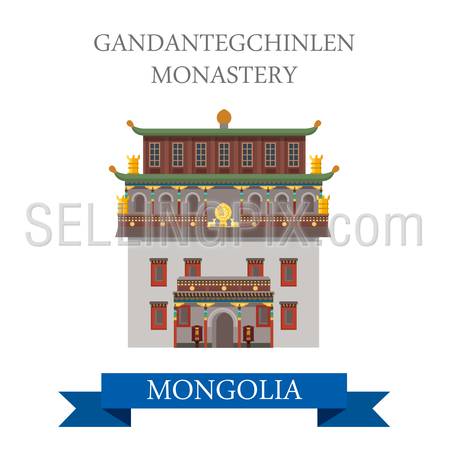 Gandantegchinlen Monastery in Ulaanbaatar (Ulan Bator) Mongolia. Flat cartoon style historic showplace attraction web site vector illustration. World cities vacation travel sightseeing Asia collection