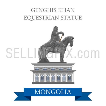 Genghis Khan Equestrian Statue in Mongolia. Flat cartoon style historic sight showplace attraction web site vector illustration. World countries cities vacation travel sightseeing Asia collection.