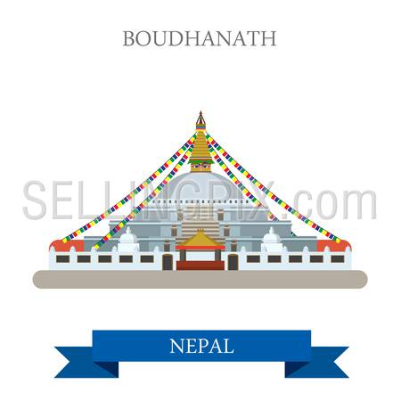 Boudhanath in Kathmandu Nepal. Flat cartoon style historic sight showplace attraction web site vector illustration. World countries cities vacation travel sightseeing Asia collection.