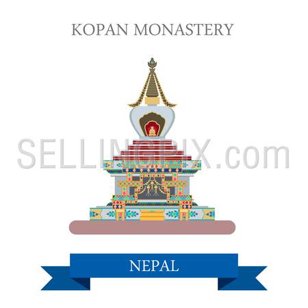 Kopan Monastery in Kathmandu Nepal. Flat cartoon style historic sight showplace attraction web site vector illustration. World countries cities vacation travel sightseeing Asia collection.