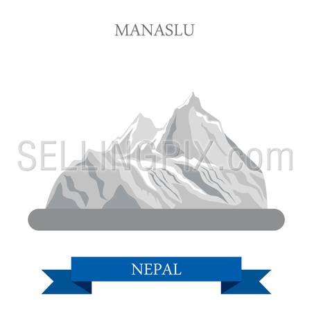 Manaslu Mountain in Nepal. Flat cartoon style historic sight showplace attraction web site vector illustration. World countries cities vacation travel sightseeing Asia collection.