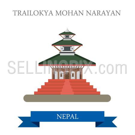 Trailokya Mohan Narayan Temple in Nepal. Flat cartoon style historic sight showplace attraction web site vector illustration. World countries cities vacation travel sightseeing Asia collection.