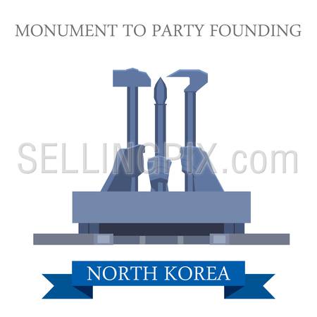 Monument to Party Founding in Pyongyang North Korea. Flat cartoon style historic sight showplace attraction web site vector illustration. World countries cities vacation travel sightseeing Asia collection.