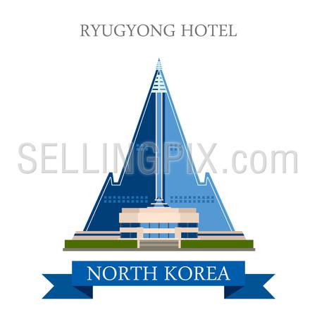 Ryugyong Hotel in Pyongyang North Korea. Flat cartoon style historic sight showplace attraction web site vector illustration. World countries cities vacation travel sightseeing Asia collection.