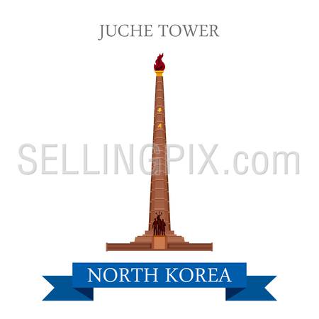 Juche Tower in Pyongyang North Korea. Flat cartoon style historic sight showplace attraction web site vector illustration. World countries cities vacation travel sightseeing Asia collection.