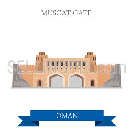 Muscat Gate in Oman. Flat cartoon style historic sight showplace attraction web site vector illustration. World countries cities vacation travel sightseeing Asia collection.