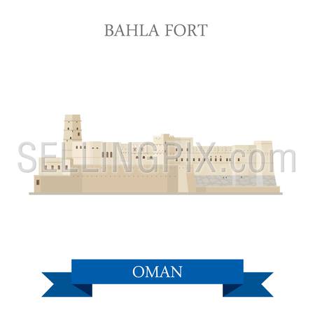 Bahla Fort in Oman. Flat cartoon style historic sight showplace attraction web site vector illustration. World countries cities vacation travel sightseeing Asia collection.