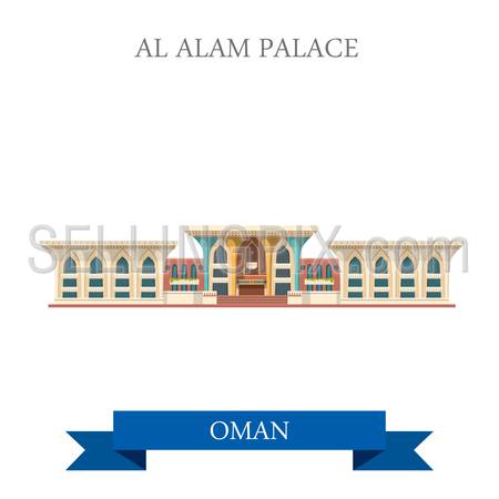 Al Alam Palace in Muscat Oman. Flat cartoon style historic sight showplace attraction web site vector illustration. World countries cities vacation travel sightseeing Asia collection.