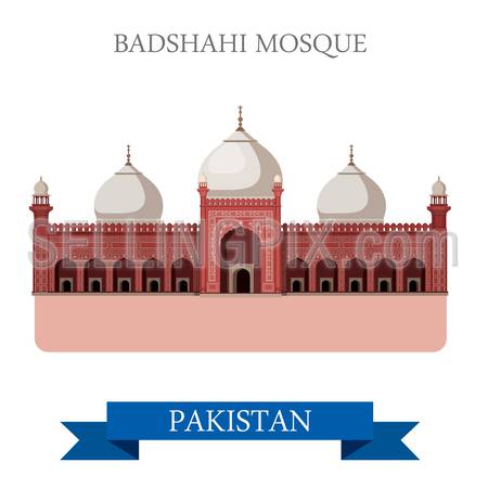 Badshahi Mosque in Lahore Pakistan. Flat cartoon style historic sight showplace attraction web site vector illustration. World countries cities vacation travel sightseeing Asia collection.