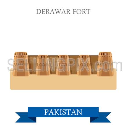 Derawar Fort in Bahawalpur Punjab Pakistan. Flat cartoon style historic sight showplace attraction web site vector illustration. World countries cities vacation travel sightseeing Asia collection.