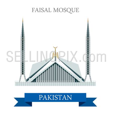 Faisal Mosque in Islamabad Pakistan. Flat cartoon style historic sight showplace attraction web site vector illustration. World countries cities vacation travel sightseeing Asia collection.