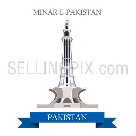 Minar-e-Pakistan in Lahore Pakistan. Flat cartoon style historic sight showplace attraction web site vector illustration. World countries cities vacation travel sightseeing Asia collection.
