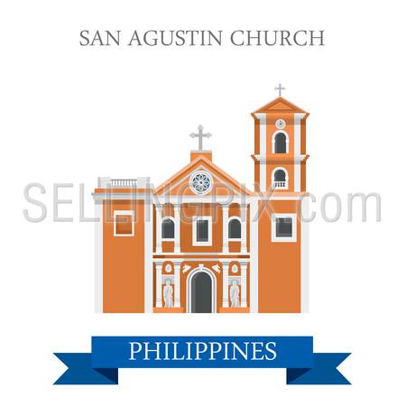 San Agustin Church in Manila Philippines. Flat cartoon style historic sight showplace attraction web site vector illustration. World countries cities vacation travel sightseeing Asia collection.
