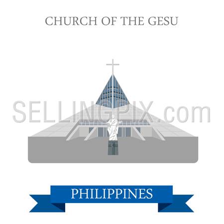 Church of Gesu in Manila Philippines. Flat cartoon style historic sight showplace attraction web site vector illustration. World countries cities vacation travel sightseeing Asia collection.