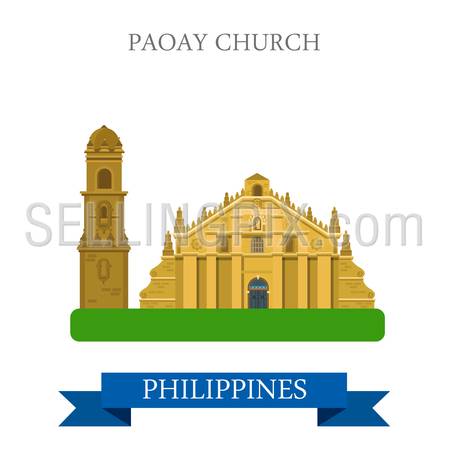 Paoay Church in Philippines. Flat cartoon style historic sight showplace attraction web site vector illustration. World countries cities vacation travel sightseeing Asia collection.