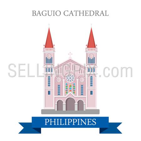 Baguio Cathedral in Philippines. Flat cartoon style historic sight showplace attraction web site vector illustration. World countries cities vacation travel sightseeing Asia collection.