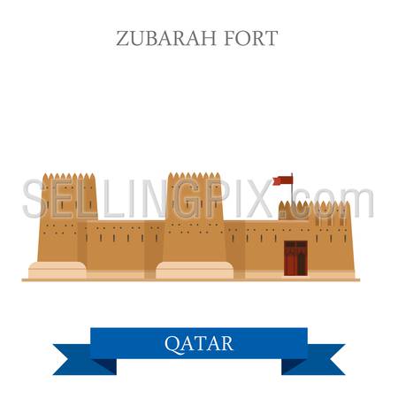 Zubarah Fort in Qatar. Flat cartoon style historic sight showplace attraction web site vector illustration. World countries cities vacation travel sightseeing Asia collection.
