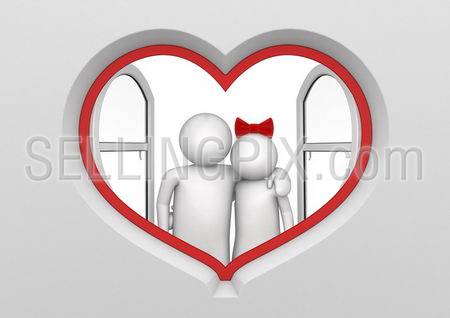 Couple in the heart shaped window (love, valentine day series; 3d isolated characters)