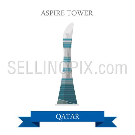 Aspire Tower in Qatar. Flat cartoon style historic sight showplace attraction web site vector illustration. World countries cities vacation travel sightseeing Asia collection.